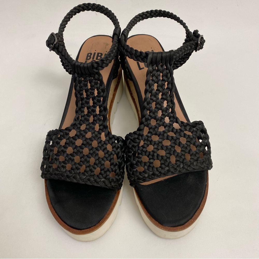 BIBI LOU Platform Sandals 7 - 7.5 / 38 Black Woven Ankle Strap Open Toe Wedge - Picture 14 of 16